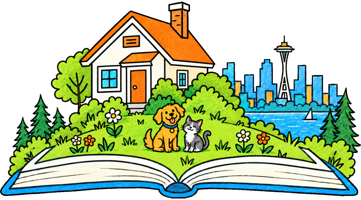 A hand-drawn open book showing a cat and dog at their Seattle home